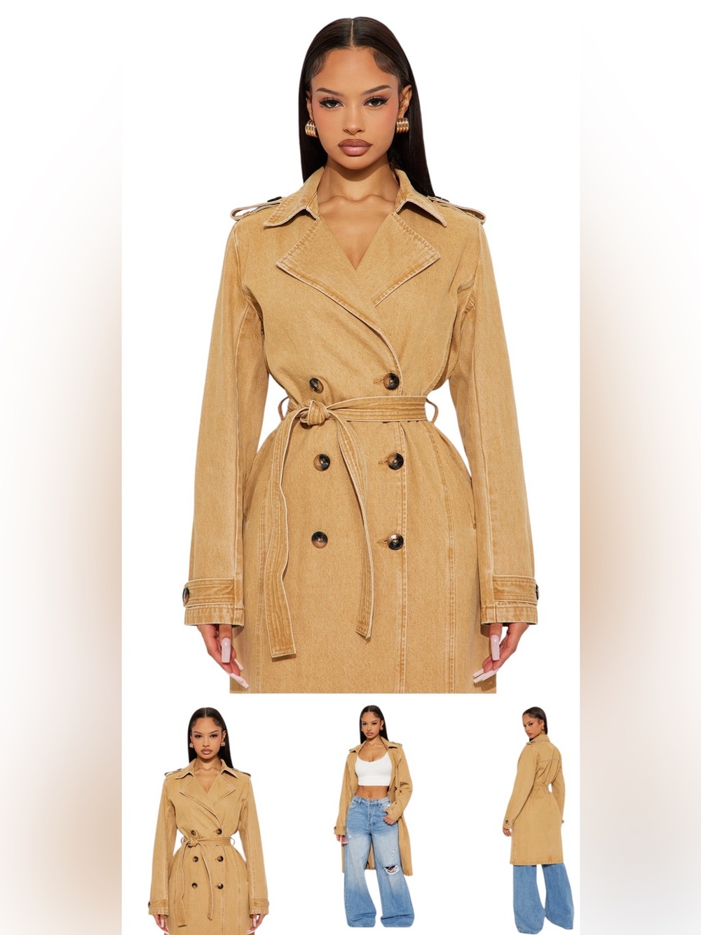 Fashion Nova Camel Denim Double-Breasted Light Trench Coat Jacket Khaki Women XL